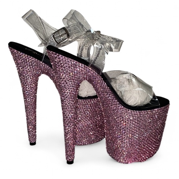 Light Rose Pink  Luxe Crystal Platform Heels 6” or 8” Ankle Strap Or Slip On New - Picture 4 of 7